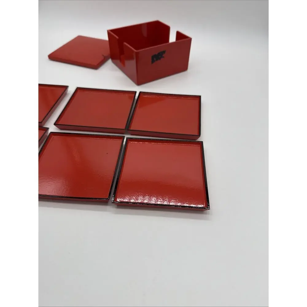 Vintage Katja for Prisma Japan Red Lacquer Coaster Set Box 7pc MCM Paint Wear